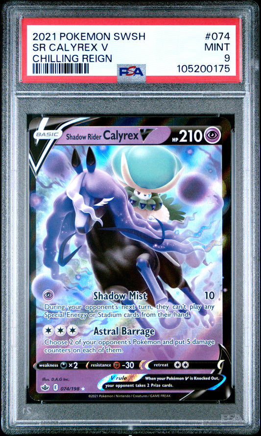 SR CALYREX V 74/198 Common POKEMON SWORD & SHIELD CHILLING REIGN CHILLING REIGN PSA9 MINT 9 PSA population 61 <a href=https://www.psacard.com/cert/105200175/psa>https://www.psacard.com/cert/105200175/psa</a>