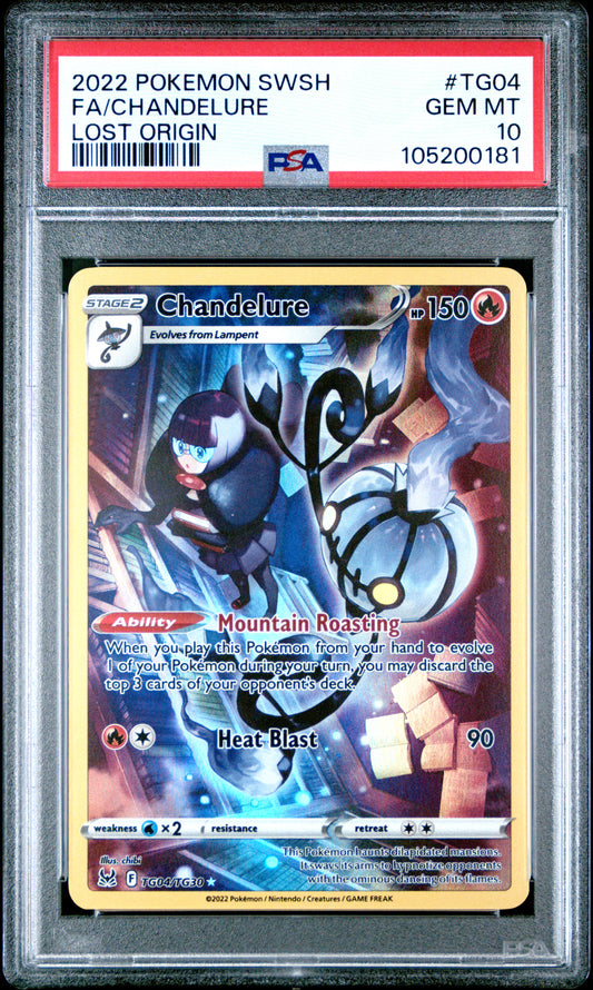 FA/CHANDELURE TG04/TG30 Common POKEMON SWORD & SHIELD LOST ORIGIN LOST ORIGIN PSA10 GEM MT 10 PSA population 128 <a href=https://www.psacard.com/cert/105200181/psa>https://www.psacard.com/cert/105200181/psa</a>
