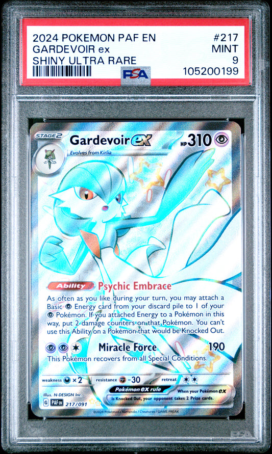 GARDEVOIR EX 217/91 Common POKEMON PAF EN-PALDEAN FATES SHINY ULTRA RARE PSA9 MINT 9 PSA population 573 <a href=https://www.psacard.com/cert/105200199/psa>https://www.psacard.com/cert/105200199/psa</a>