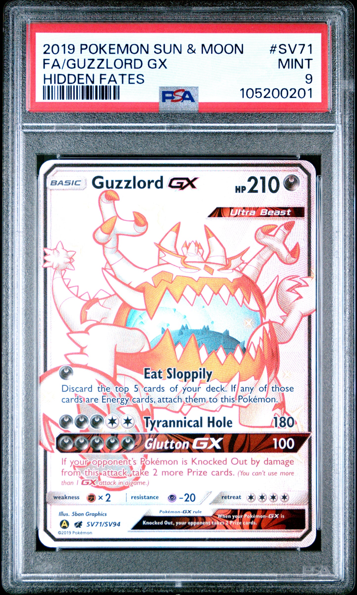FA/GUZZLORD GX SV71/SV94 Common POKEMON SUN & MOON HIDDEN FATES HIDDEN FATES PSA9 MINT 9 PSA population 678 <a href=https://www.psacard.com/cert/105200201/psa>https://www.psacard.com/cert/105200201/psa</a>
