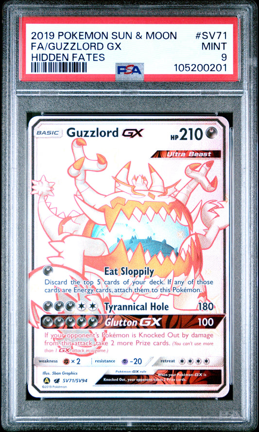 FA/GUZZLORD GX SV71/SV94 Common POKEMON SUN & MOON HIDDEN FATES HIDDEN FATES PSA9 MINT 9 PSA population 678 <a href=https://www.psacard.com/cert/105200201/psa>https://www.psacard.com/cert/105200201/psa</a>