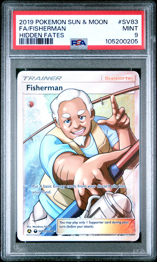 FA/FISHERMAN SV83/SV94 Common POKEMON SUN & MOON HIDDEN FATES HIDDEN FATES PSA9 MINT 9 PSA population 309 <a href=https://www.psacard.com/cert/105200205/psa>https://www.psacard.com/cert/105200205/psa</a>