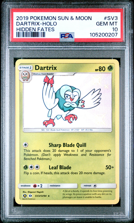 DARTRIX-HOLO SV3/SV94 Common POKEMON SUN & MOON HIDDEN FATES HIDDEN FATES PSA10 GEM MT 10 PSA population 858 <a href=https://www.psacard.com/cert/105200207/psa>https://www.psacard.com/cert/105200207/psa</a>