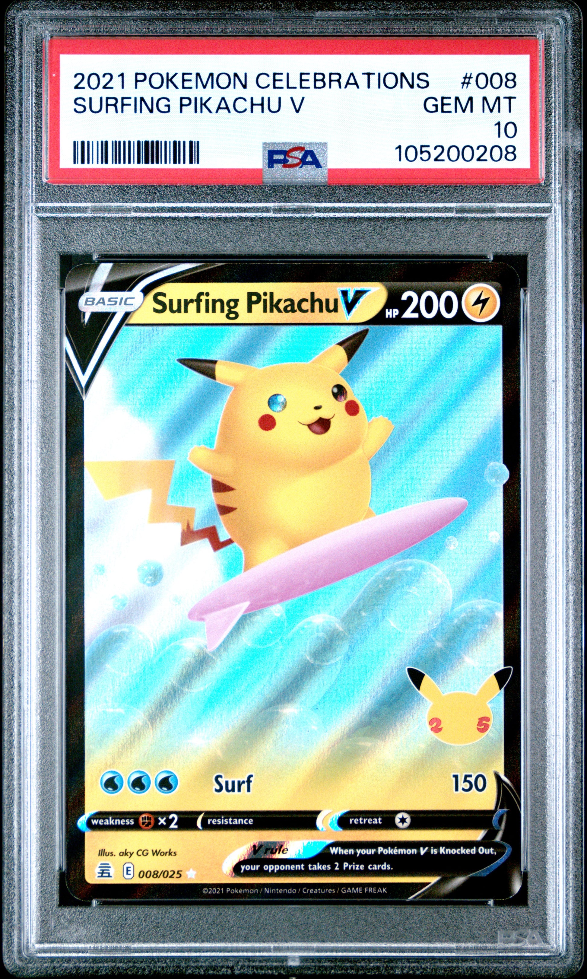 SURFING PIKACHU V 8/25 Common POKEMON CELEBRATIONS PSA10 GEM MT 10 PSA population 1298 <a href=https://www.psacard.com/cert/105200208/psa>https://www.psacard.com/cert/105200208/psa</a>