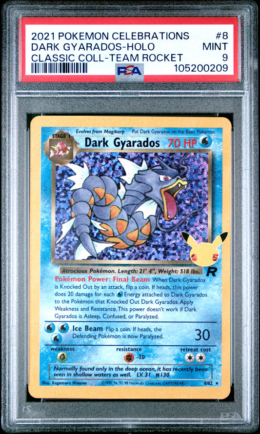 DARK GYARADOS-HOLO 8/82 Common POKEMON CELEBRATIONS CLASSIC COLLECTION CLASSIC COLL-TEAM ROCKET PSA9 MINT 9 PSA population 1580 <a href=https://www.psacard.com/cert/105200209/psa>https://www.psacard.com/cert/105200209/psa</a>