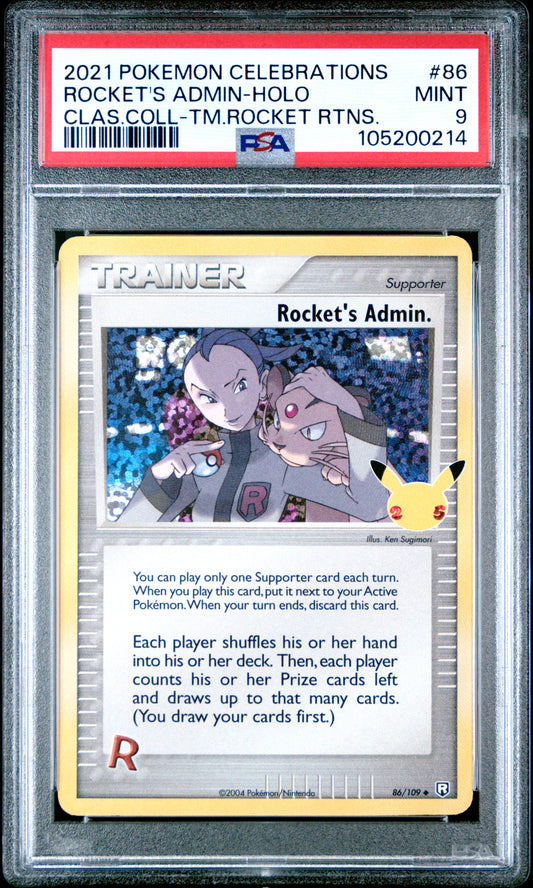 ROCKET'S ADMIN-HOLO 86/109 Common POKEMON CELEBRATIONS CLASSIC COLLECTION CLAS.COLL-TM.ROCKET RTNS. PSA10 MINT 9 PSA population 325 <a href=https://www.psacard.com/cert/105200214/psa>https://www.psacard.com/cert/105200214/psa</a>