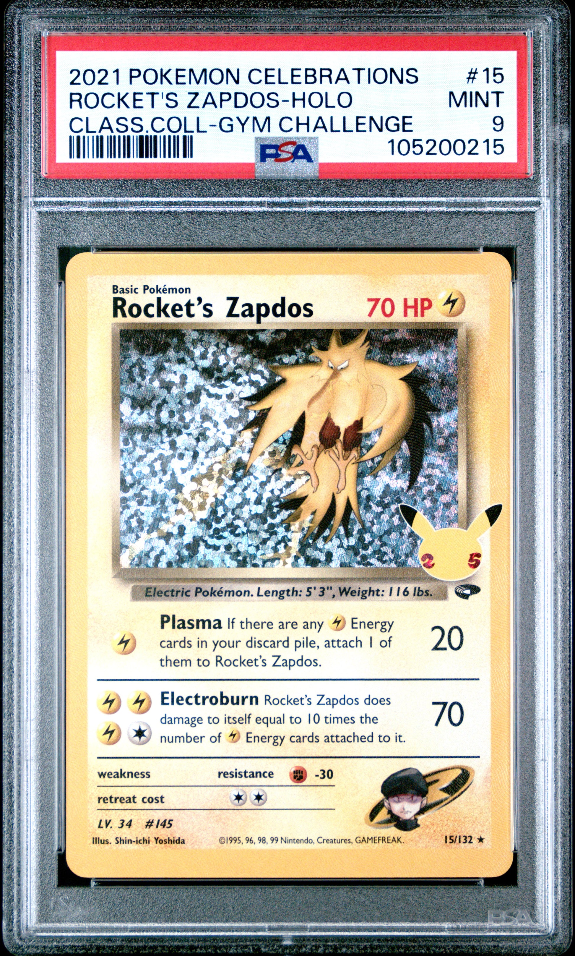 ROCKET'S ZAPDOS-HOLO 15/132 Common POKEMON CELEBRATIONS CLASSIC COLLECTION CLASS.COLL-GYM CHALLENGE PSA9 MINT 9 PSA population 1071 <a href=https://www.psacard.com/cert/105200215/psa>https://www.psacard.com/cert/105200215/psa</a>