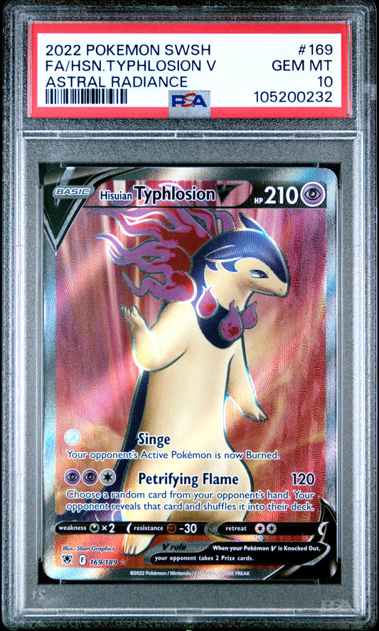 FA/HSN.TYPHLOSION V 169/189 Common POKEMON SWORD & SHIELD ASTRAL RADIANCE ASTRAL RADIANCE PSA10 GEM MT 10 PSA population 227 <a href=https://www.psacard.com/cert/105200232/psa>https://www.psacard.com/cert/105200232/psa</a>