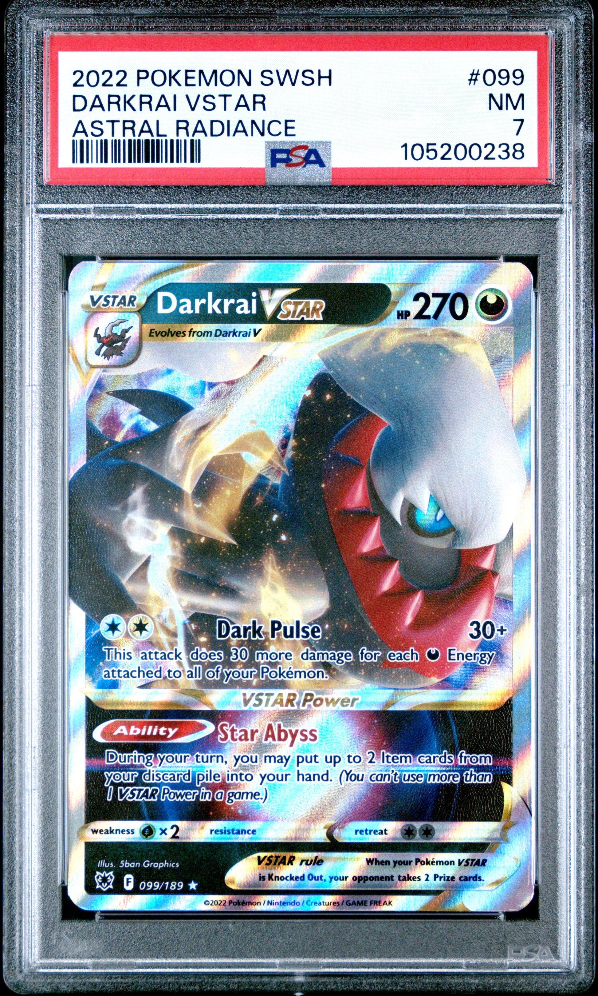 DARKRAI VSTAR 99/189 Common POKEMON SWORD & SHIELD ASTRAL RADIANCE ASTRAL RADIANCE PSA7 NM 7 PSA population 8 <a href=https://www.psacard.com/cert/105200238/psa>https://www.psacard.com/cert/105200238/psa</a>