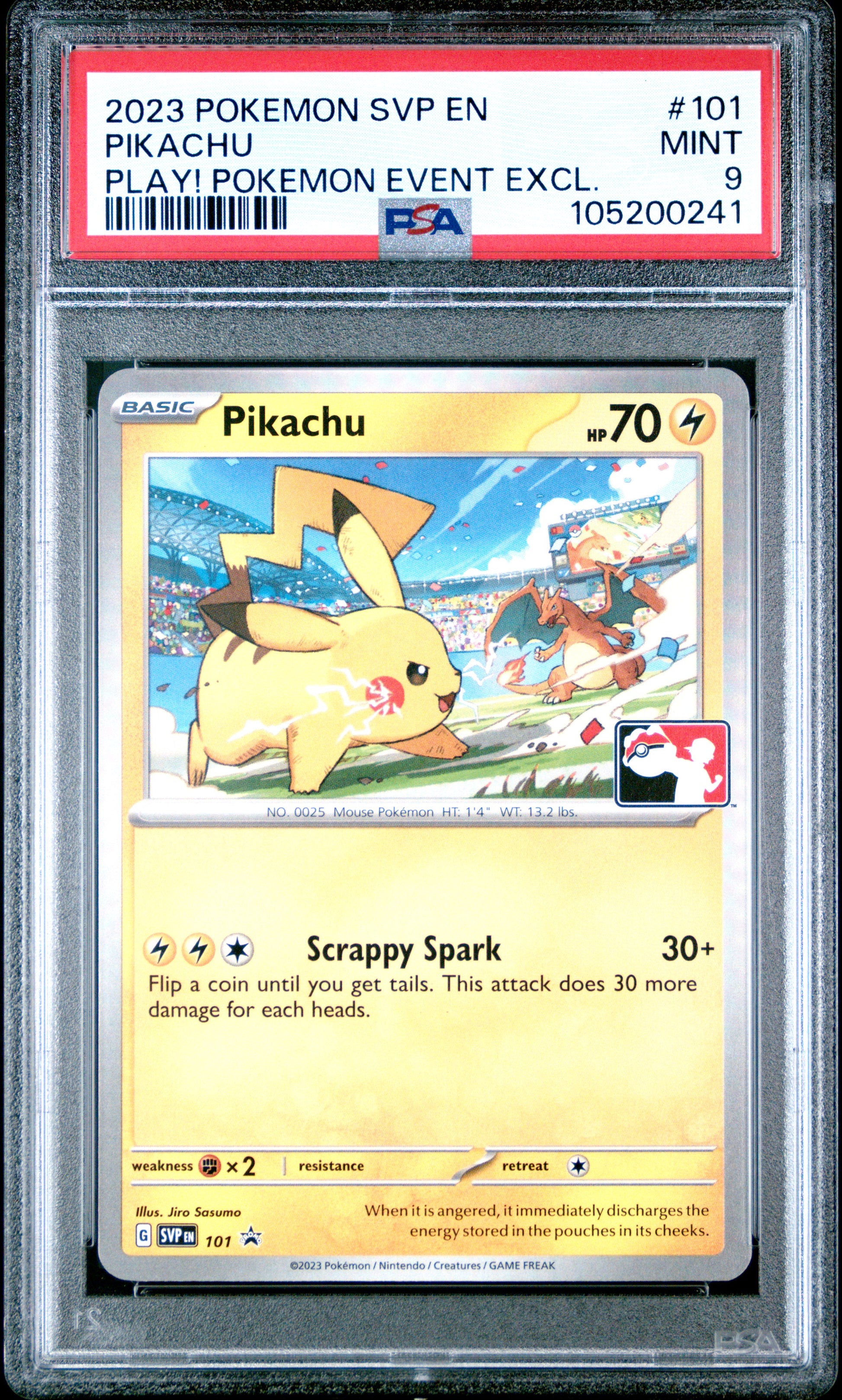 PIKACHU 101/SVP Common POKEMON SVP EN-SV BLACK STAR PROMO PLAY! POKEMON EVENT EXCL. PSA9 MINT 9 PSA population 539 <a href=https://www.psacard.com/cert/105200241/psa>https://www.psacard.com/cert/105200241/psa</a>