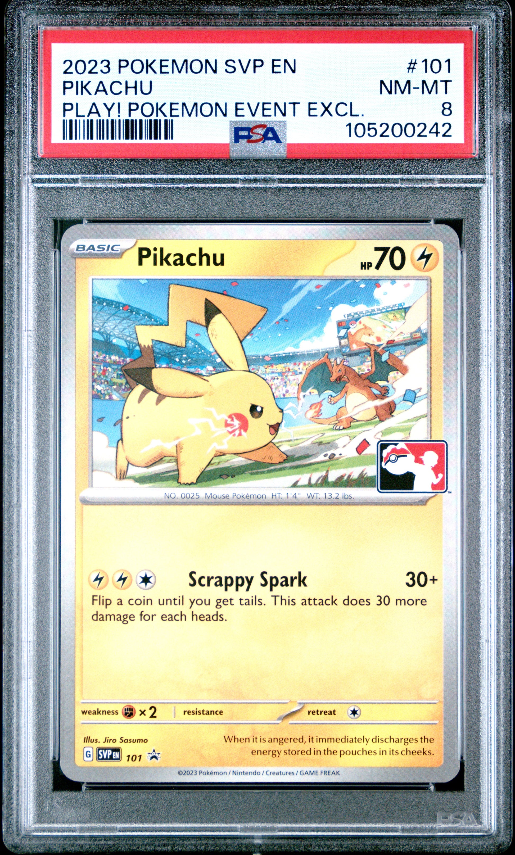 PIKACHU 101/SVP Common POKEMON SVP EN-SV BLACK STAR PROMO PLAY! POKEMON EVENT EXCL. PSA8 NM-MT 8 PSA population 80 <a href=https://www.psacard.com/cert/105200242/psa>https://www.psacard.com/cert/105200242/psa</a>