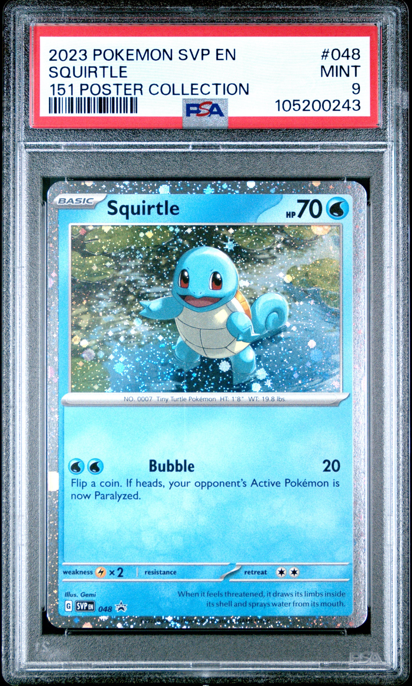 SQUIRTLE 48/SVP Common POKEMON SVP EN-SV BLACK STAR PROMO 151 POSTER COLLECTION PSA9 MINT 9 PSA population 1526 <a href=https://www.psacard.com/cert/105200243/psa>https://www.psacard.com/cert/105200243/psa</a>
