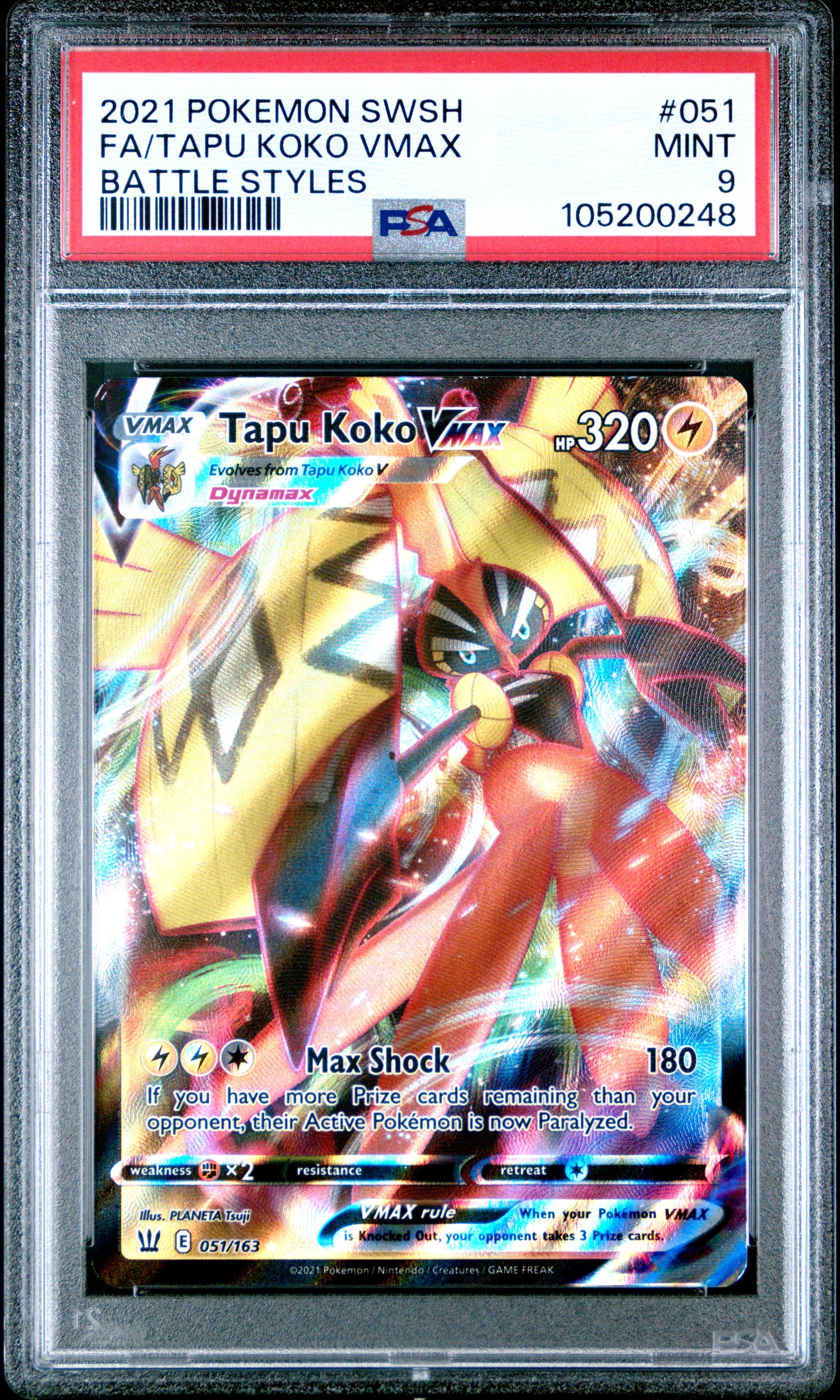 FA/TAPU KOKO VMAX 51/163 Common POKEMON SWORD & SHIELD BATTLE STYLES BATTLE STYLES PSA9 MINT 9 PSA population 42 <a href=https://www.psacard.com/cert/105200248/psa>https://www.psacard.com/cert/105200248/psa</a>