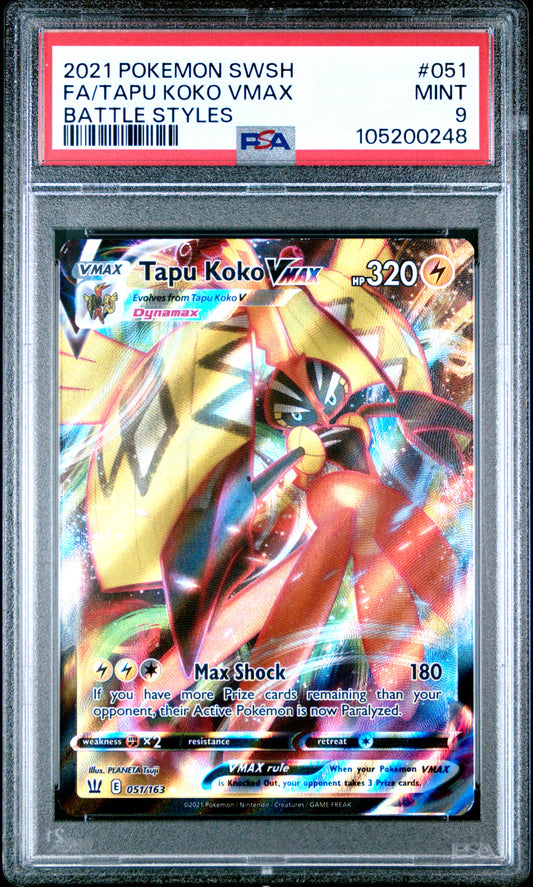 FA/TAPU KOKO VMAX 51/163 Common POKEMON SWORD & SHIELD BATTLE STYLES BATTLE STYLES PSA9 MINT 9 PSA population 42 <a href=https://www.psacard.com/cert/105200248/psa>https://www.psacard.com/cert/105200248/psa</a>