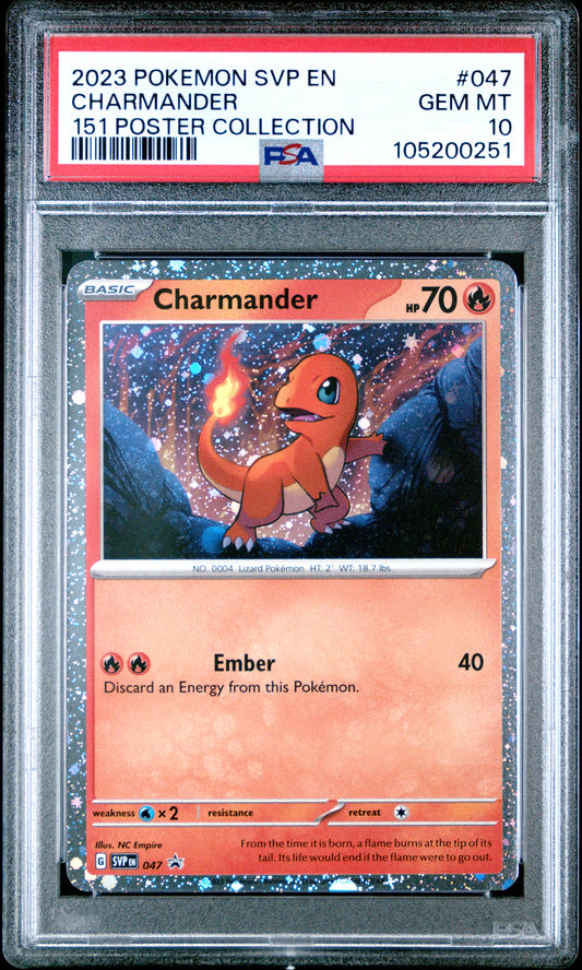 CHARMANDER 47/SVP Common POKEMON SVP EN-SV BLACK STAR PROMO 151 POSTER COLLECTION PSA10 GEM MT 10 PSA population 1156 <a href=https://www.psacard.com/cert/105200251/psa>https://www.psacard.com/cert/105200251/psa</a>