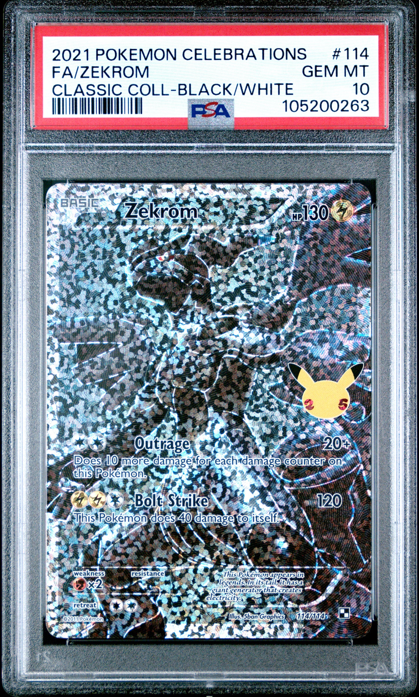 FA/ZEKROM 114/114 Common POKEMON CELEBRATIONS CLASSIC COLLECTION CLASSIC COLL-BLACK/WHITE PSA10 GEM MT 10 PSA population 3730 <a href=https://www.psacard.com/cert/105200263/psa>https://www.psacard.com/cert/105200263/psa</a>