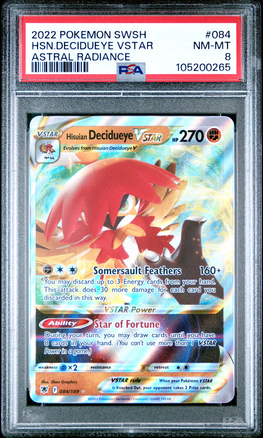 HSN.DECIDUEYE VSTAR 84/189 Common POKEMON SWORD & SHIELD ASTRAL RADIANCE ASTRAL RADIANCE PSA8 NM-MT 8 PSA population 15 <a href=https://www.psacard.com/cert/105200265/psa>https://www.psacard.com/cert/105200265/psa</a>