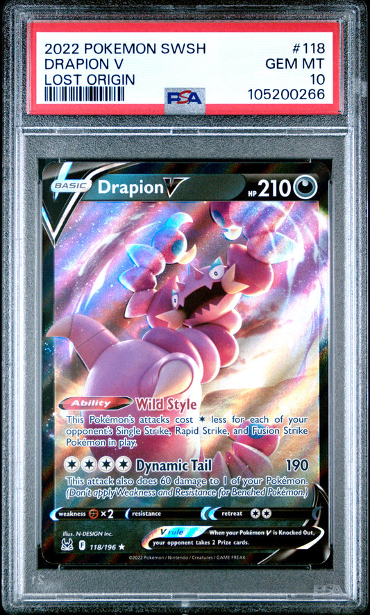 DRAPION V 118/196 Common POKEMON SWORD & SHIELD LOST ORIGIN LOST ORIGIN PSA10 GEM MT 10 PSA population 42 <a href=https://www.psacard.com/cert/105200266/psa>https://www.psacard.com/cert/105200266/psa</a>