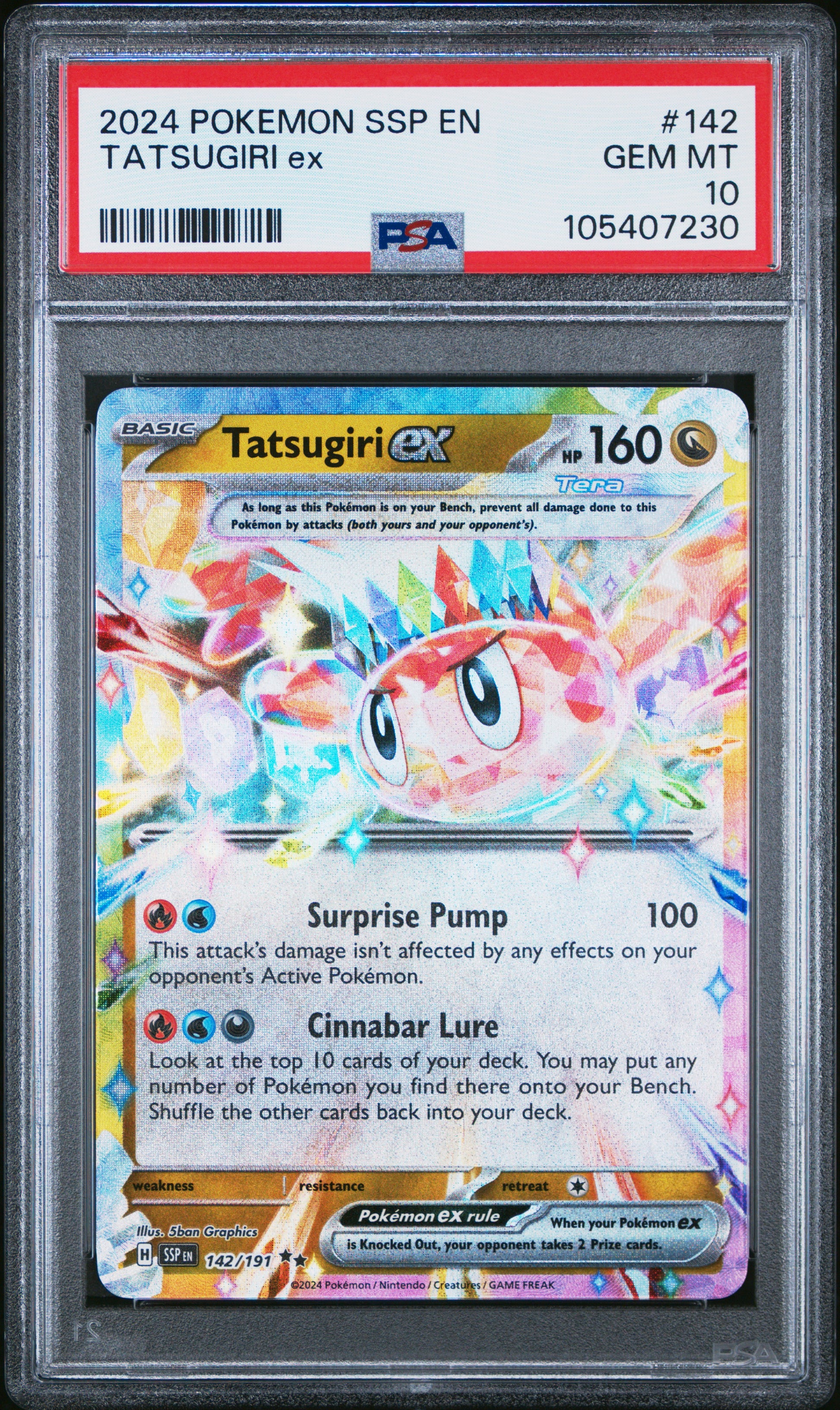 TATSUGIRI EX 142/191 Common POKEMON SSP EN-SURGING SPARKS PSA10 GEM MT 10 PSA population 134 <a href=https://www.psacard.com/cert/105407230/psa>https://www.psacard.com/cert/105407230/psa</a>
