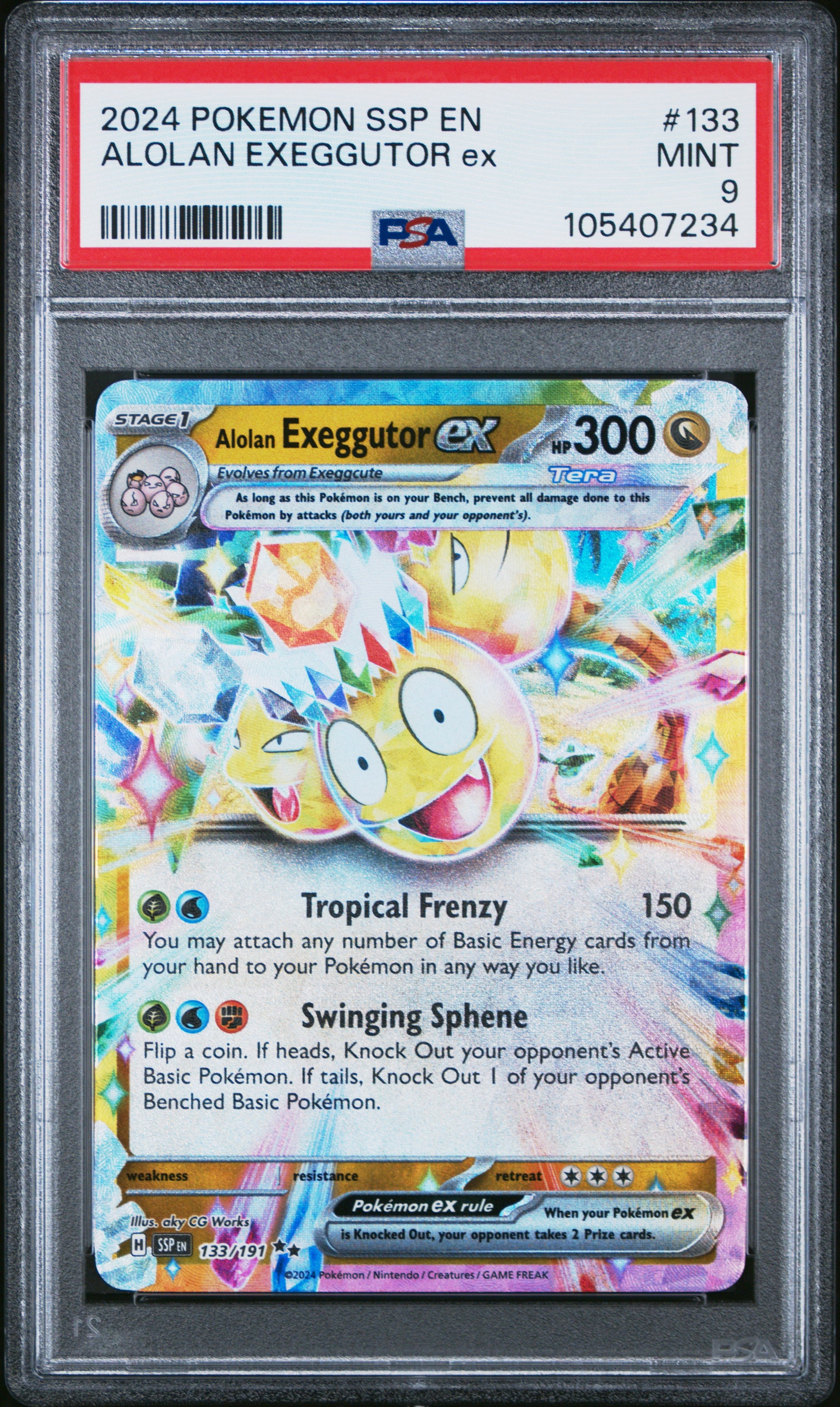 ALOLAN EXEGGUTOR EX 133/191 Common POKEMON SSP EN-SURGING SPARKS PSA9 MINT 9 PSA population 241 <a href=https://www.psacard.com/cert/105407234/psa>https://www.psacard.com/cert/105407234/psa</a>