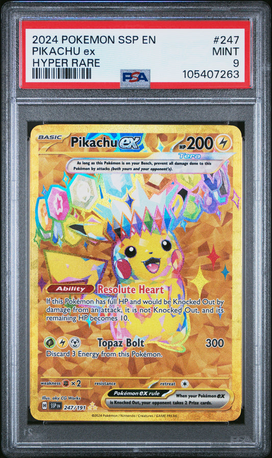 PIKACHU EX 247/191 Common POKEMON SSP EN-SURGING SPARKS HYPER RARE PSA9 MINT 9 PSA population 5251 <a href=https://www.psacard.com/cert/105407263/psa>https://www.psacard.com/cert/105407263/psa</a>