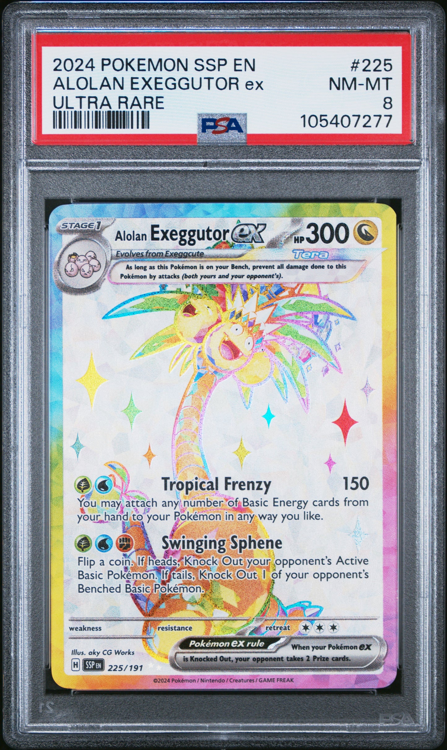 ALOLAN EXEGGUTOR EX 225/191 Common POKEMON SSP EN-SURGING SPARKS ULTRA RARE PSA8 NM-MT 8 PSA population 95 <a href=https://www.psacard.com/cert/105407277/psa>https://www.psacard.com/cert/105407277/psa</a>