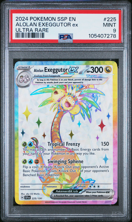 ALOLAN EXEGGUTOR EX 225/191 Common POKEMON SSP EN-SURGING SPARKS ULTRA RARE PSA9 MINT 9 PSA population 632 <a href=https://www.psacard.com/cert/105407278/psa>https://www.psacard.com/cert/105407278/psa</a>