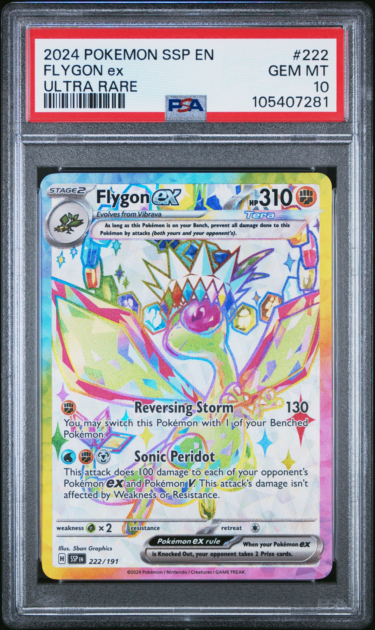 FLYGON EX 222/191 Common POKEMON SSP EN-SURGING SPARKS ULTRA RARE PSA10 GEM MT 10 PSA population 630 <a href=https://www.psacard.com/cert/105407281/psa>https://www.psacard.com/cert/105407281/psa</a>