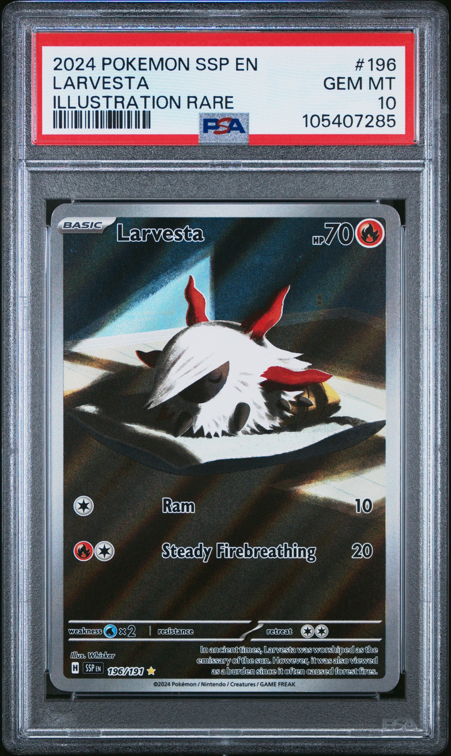 LARVESTA 196/191 Common POKEMON SSP EN-SURGING SPARKS ILLUSTRATION RARE PSA10 GEM MT 10 PSA population 283 <a href=https://www.psacard.com/cert/105407285/psa>https://www.psacard.com/cert/105407285/psa</a>