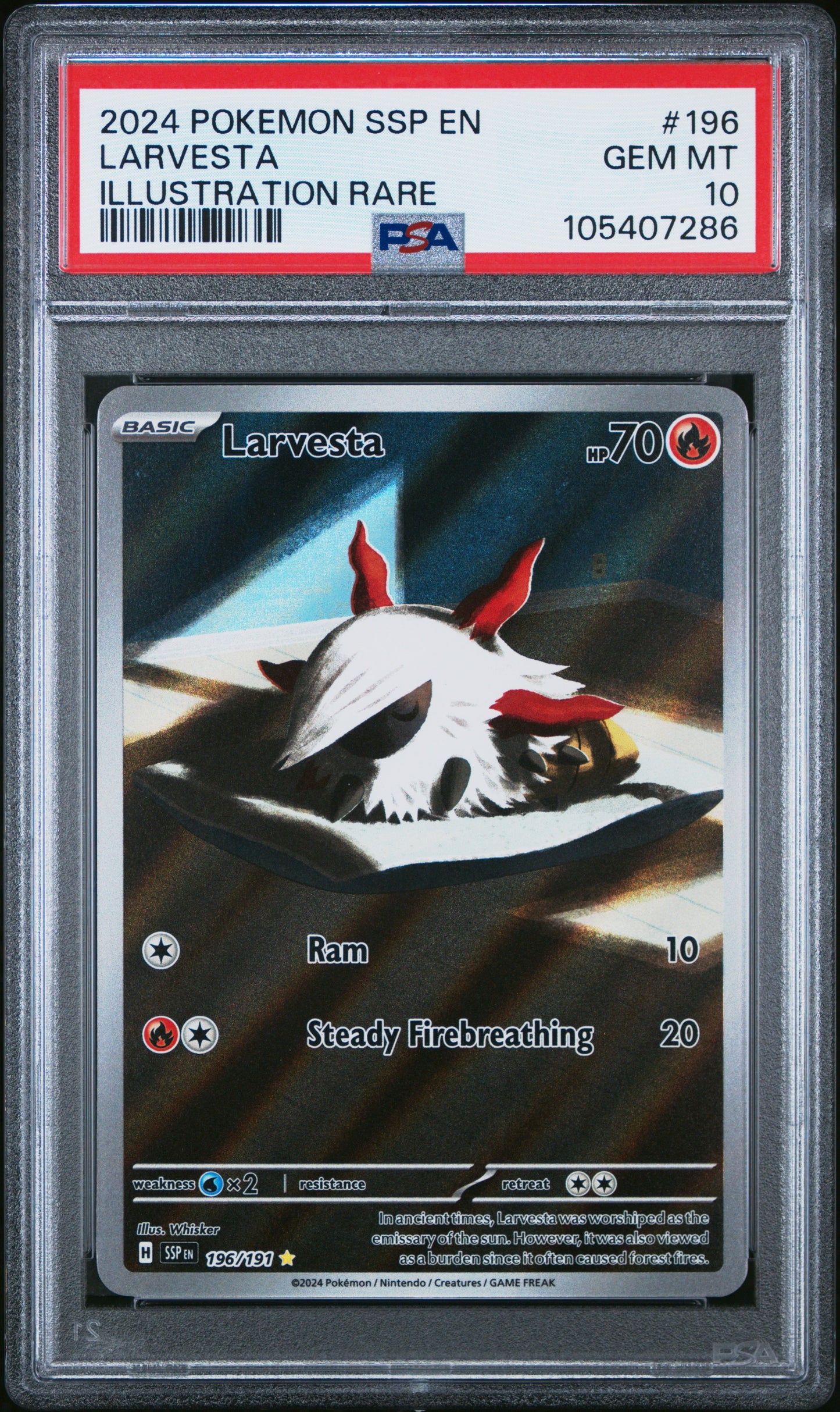 LARVESTA 196/191 Common POKEMON SSP EN-SURGING SPARKS ILLUSTRATION RARE PSA10 GEM MT 10 PSA population 283 <a href=https://www.psacard.com/cert/105407286/psa>https://www.psacard.com/cert/105407286/psa</a>