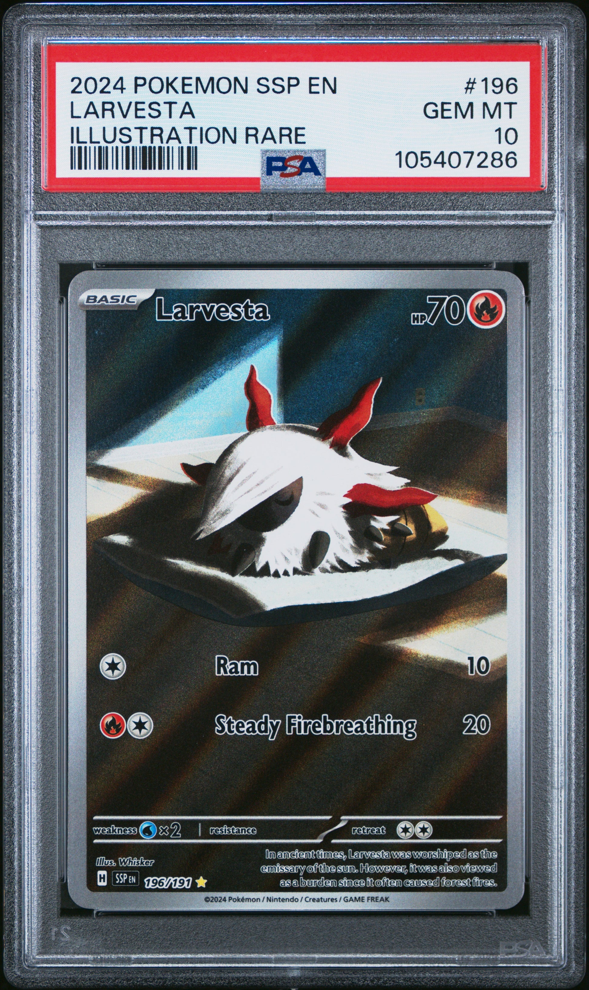 LARVESTA 196/191 Common POKEMON SSP EN-SURGING SPARKS ILLUSTRATION RARE PSA10 GEM MT 10 PSA population 283 <a href=https://www.psacard.com/cert/105407286/psa>https://www.psacard.com/cert/105407286/psa</a>