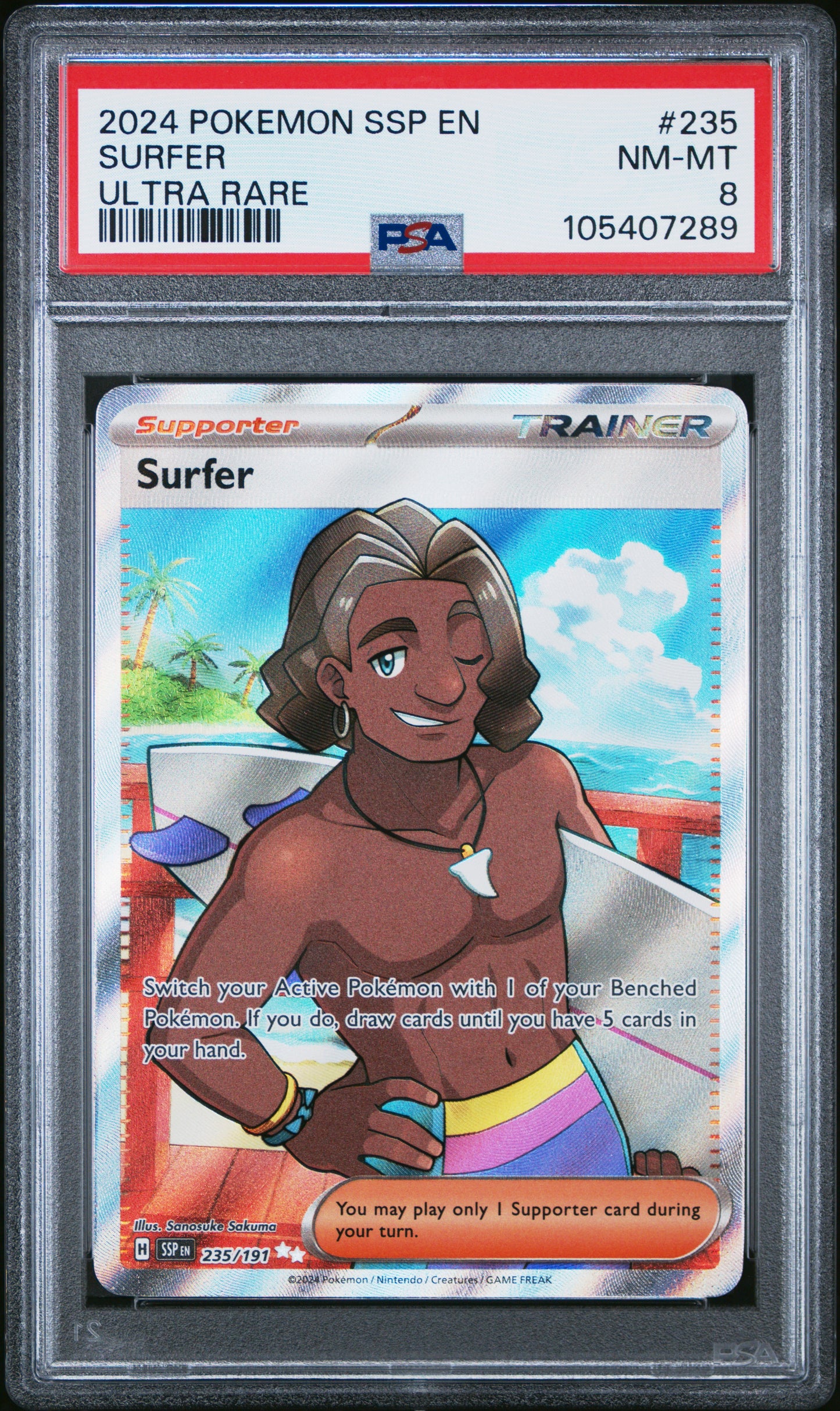 SURFER 235/191 Common POKEMON SSP EN-SURGING SPARKS ULTRA RARE PSA8 NM-MT 8 PSA population 38 <a href=https://www.psacard.com/cert/105407289/psa>https://www.psacard.com/cert/105407289/psa</a>