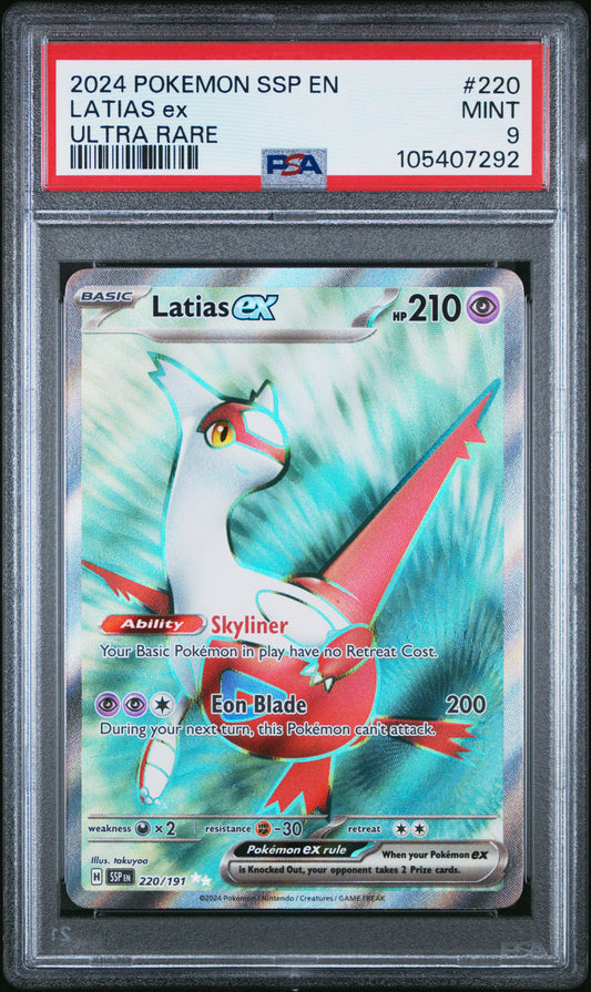 LATIAS EX 220/191 Common POKEMON SSP EN-SURGING SPARKS ULTRA RARE PSA9 MINT 9 PSA population 1192 <a href=https://www.psacard.com/cert/105407292/psa>https://www.psacard.com/cert/105407292/psa</a>