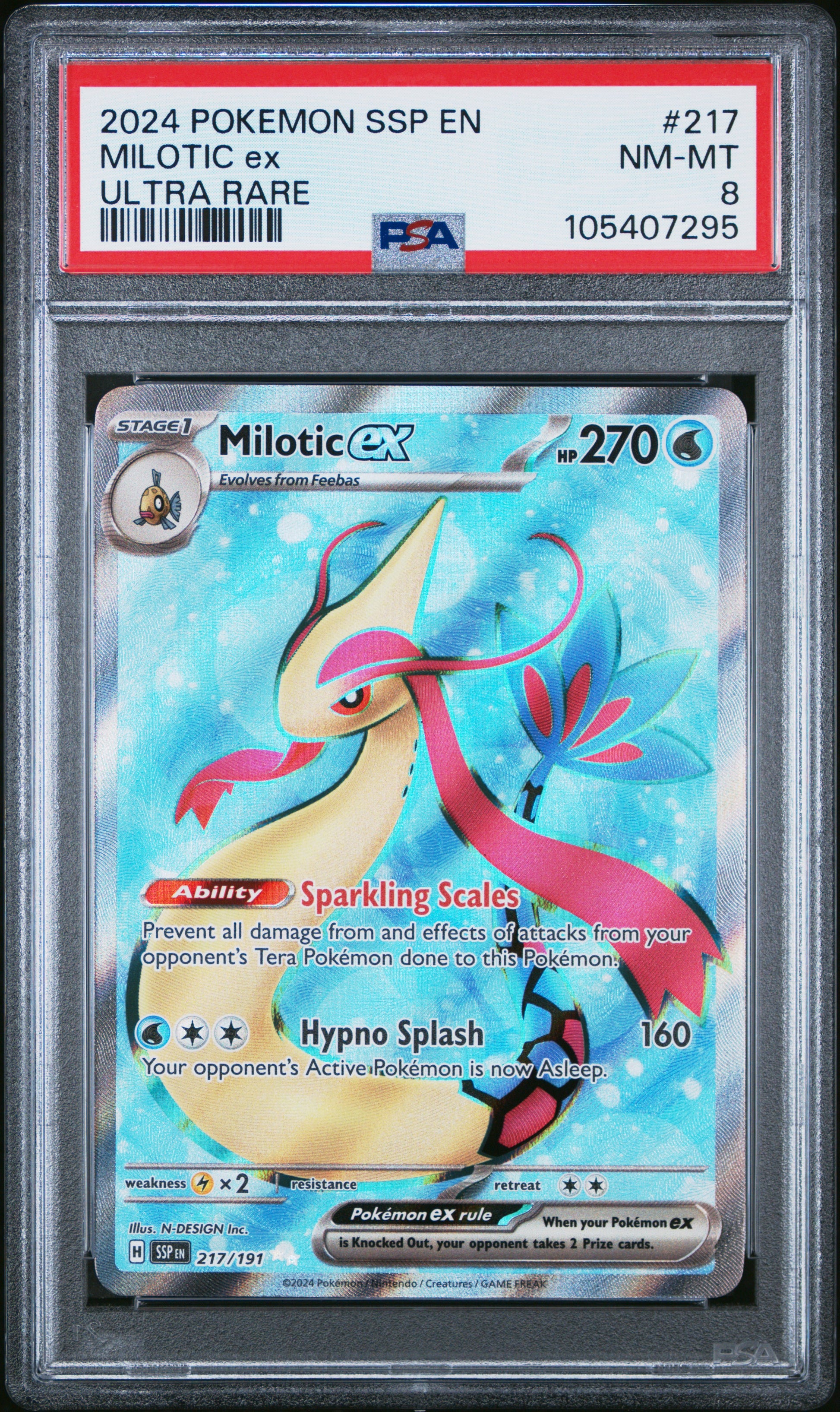MILOTIC EX 217/191 Common POKEMON SSP EN-SURGING SPARKS ULTRA RARE PSA8 NM-MT 8 PSA population 96 <a href=https://www.psacard.com/cert/105407295/psa>https://www.psacard.com/cert/105407295/psa</a>