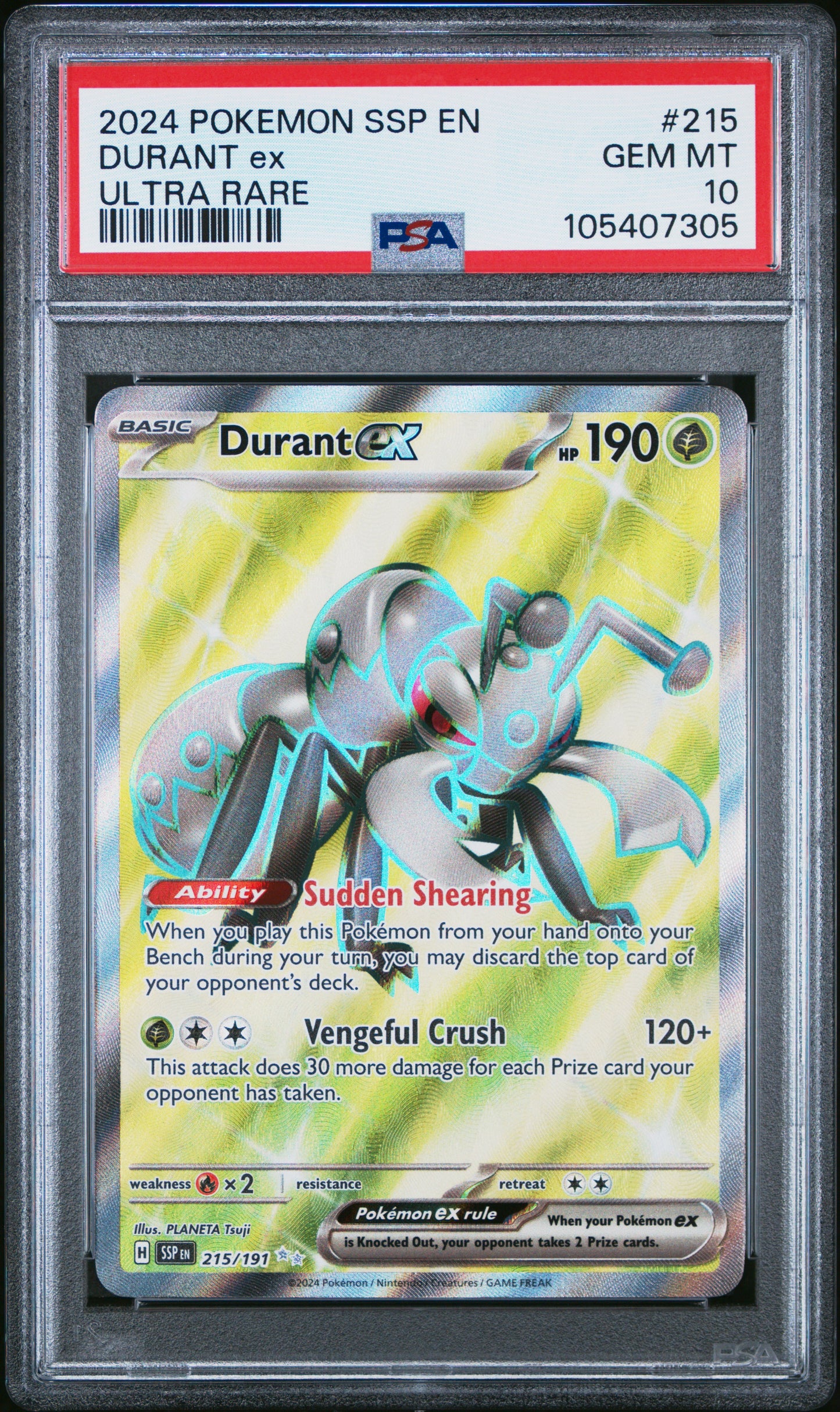 DURANT EX 215/191 Common POKEMON SSP EN-SURGING SPARKS ULTRA RARE PSA10 GEM MT 10 PSA population 99 <a href=https://www.psacard.com/cert/105407305/psa>https://www.psacard.com/cert/105407305/psa</a>