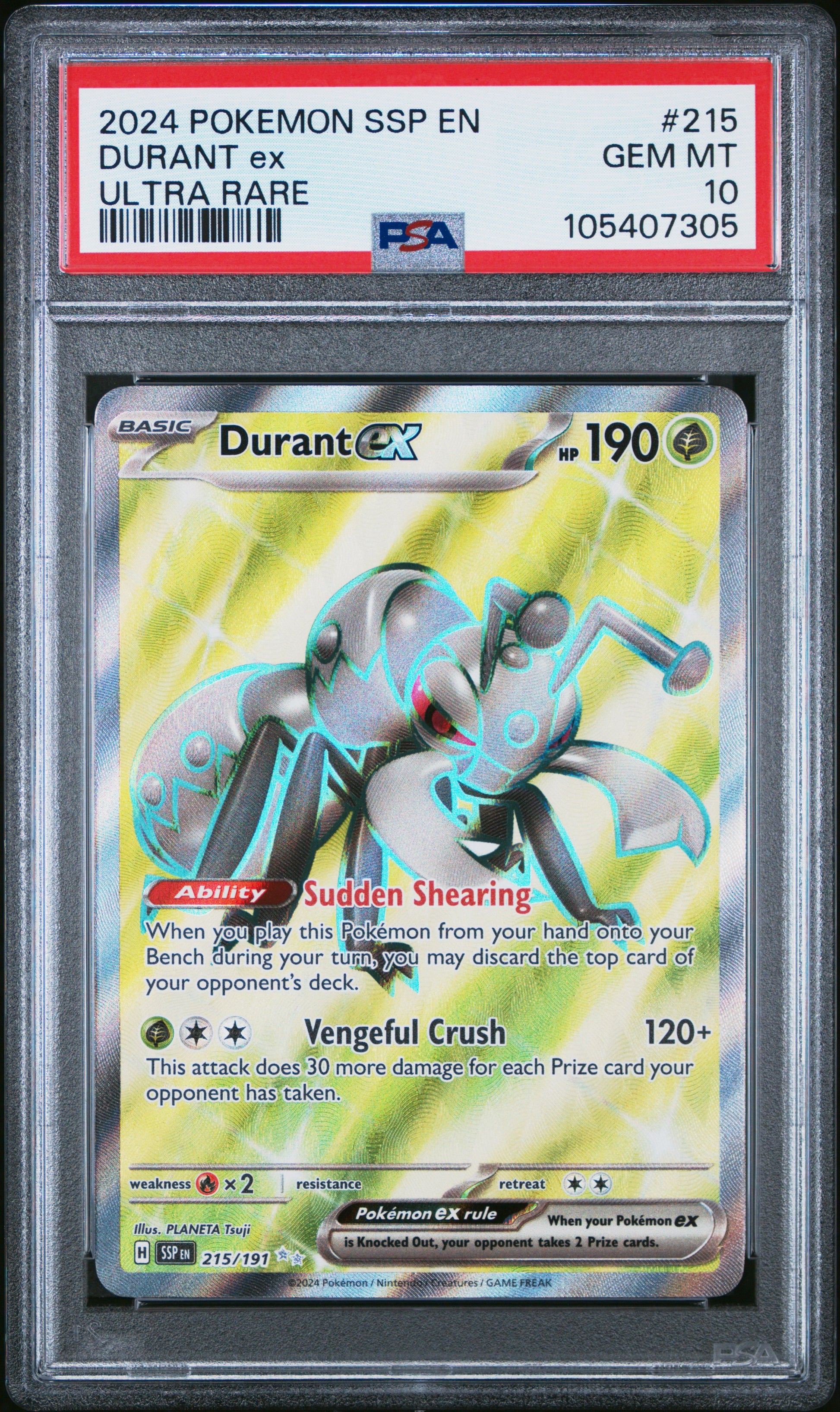 DURANT EX 215/191 Common POKEMON SSP EN-SURGING SPARKS ULTRA RARE PSA10 GEM MT 10 PSA population 99 <a href=https://www.psacard.com/cert/105407305/psa>https://www.psacard.com/cert/105407305/psa</a>