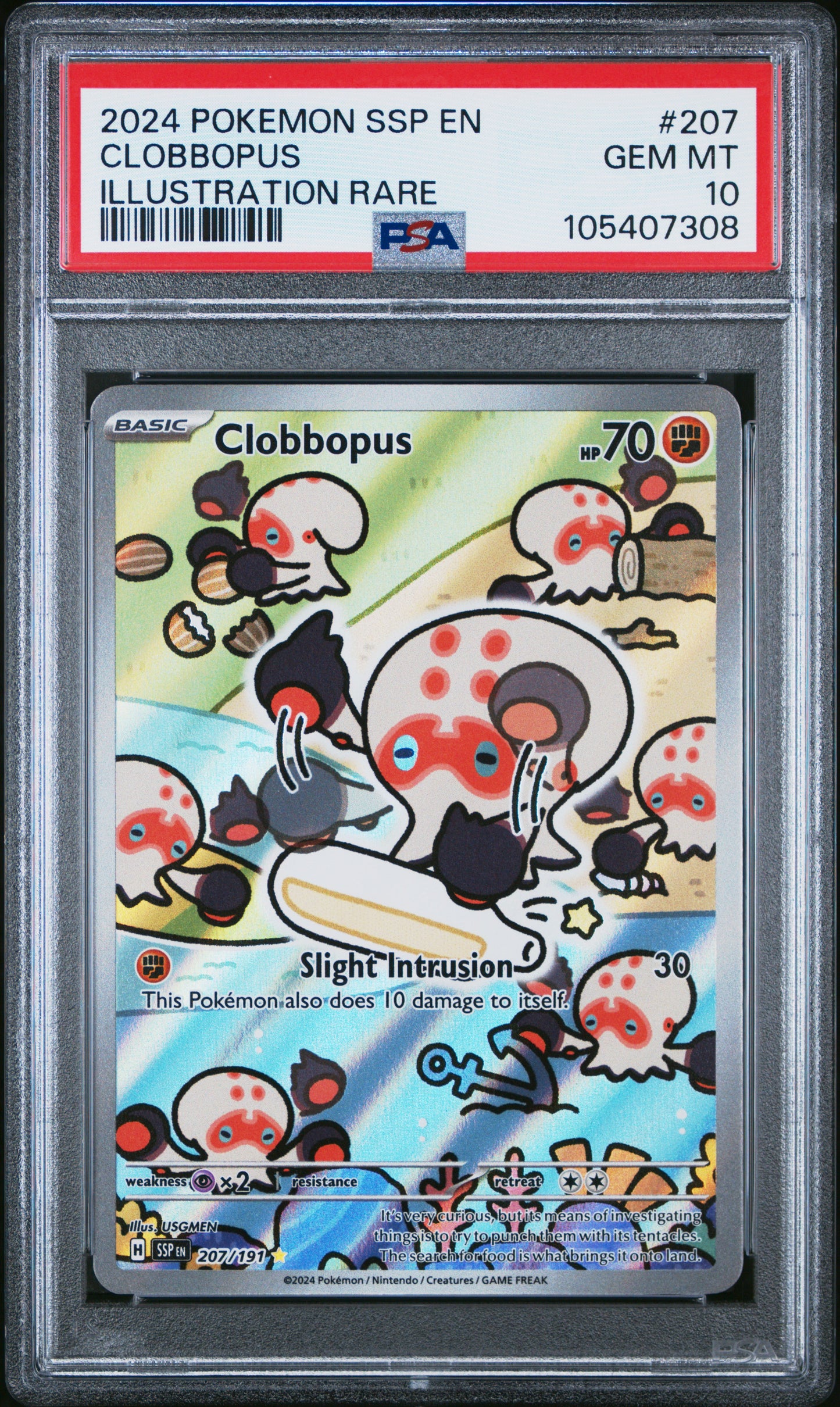 CLOBBOPUS 207/191 Common POKEMON SSP EN-SURGING SPARKS ILLUSTRATION RARE PSA10 GEM MT 10 PSA population 573 <a href=https://www.psacard.com/cert/105407308/psa>https://www.psacard.com/cert/105407308/psa</a>