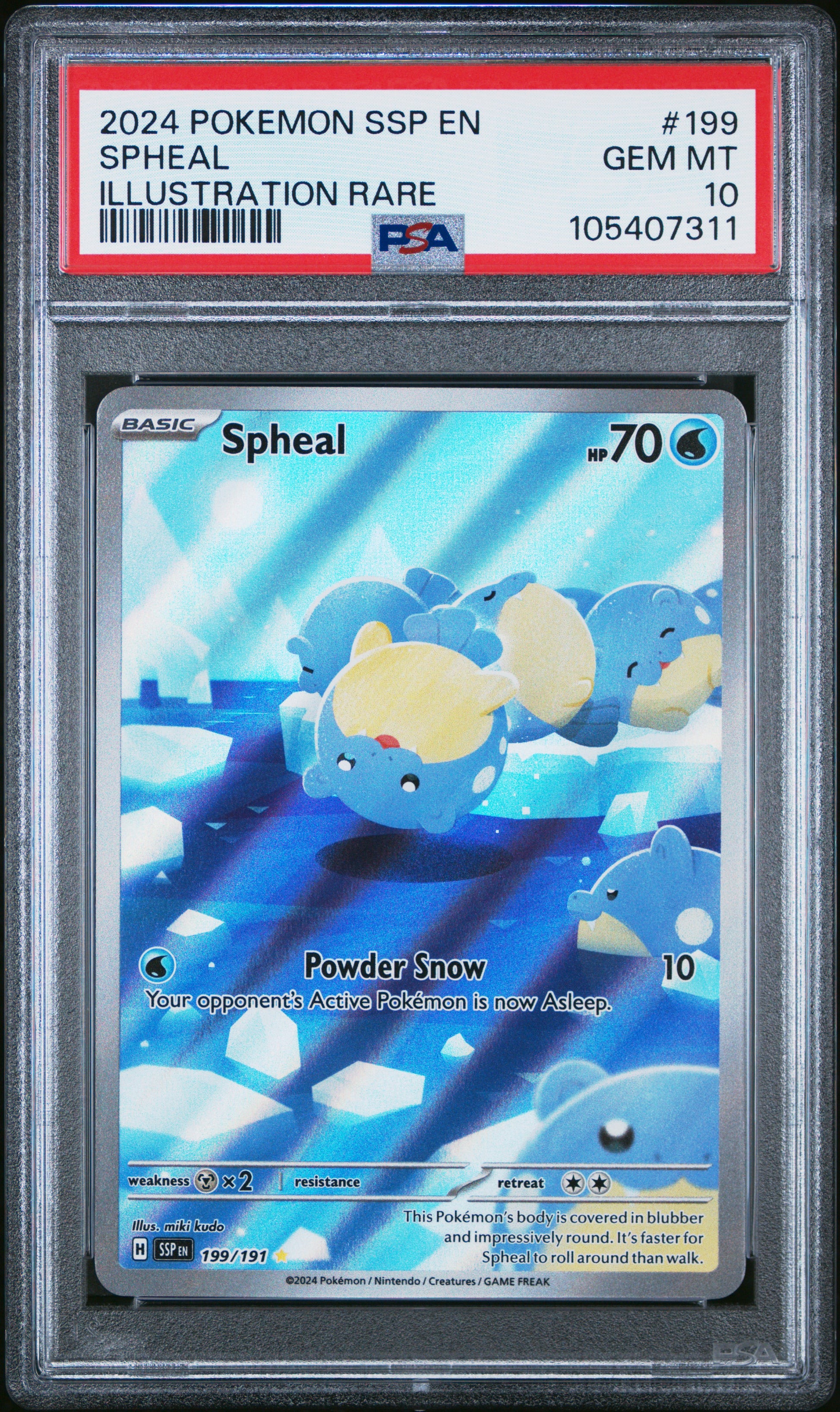 SPHEAL 199/191 Common POKEMON SSP EN-SURGING SPARKS ILLUSTRATION RARE PSA10 GEM MT 10 PSA population 1290 <a href=https://www.psacard.com/cert/105407311/psa>https://www.psacard.com/cert/105407311/psa</a>