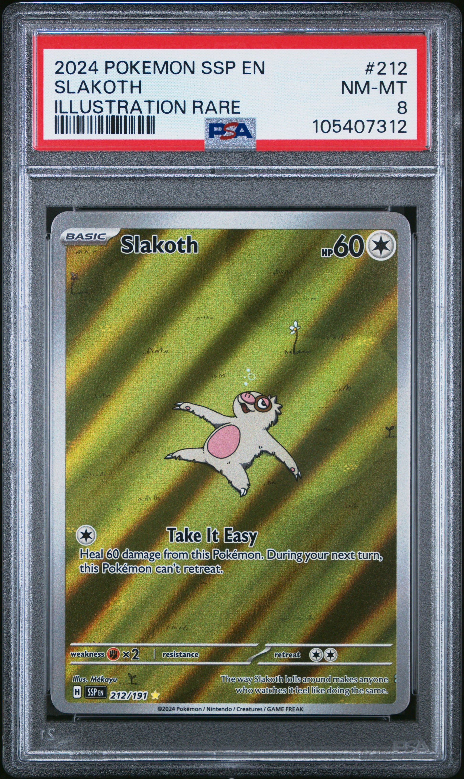 SLAKOTH 212/191 Common POKEMON SSP EN-SURGING SPARKS ILLUSTRATION RARE PSA8 NM-MT 8 PSA population 431 <a href=https://www.psacard.com/cert/105407312/psa>https://www.psacard.com/cert/105407312/psa</a>