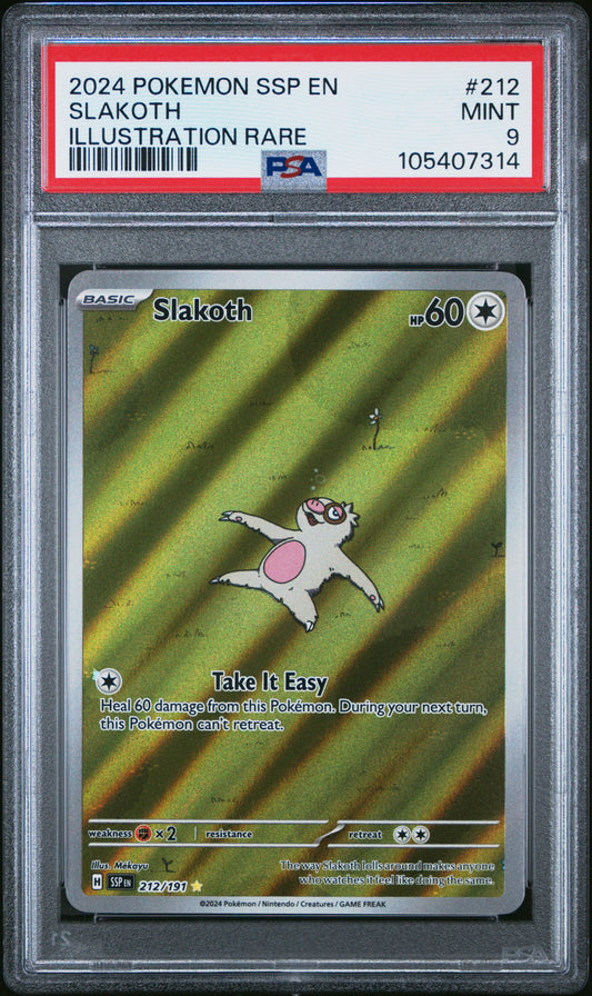 SLAKOTH 212/191 Common POKEMON SSP EN-SURGING SPARKS ILLUSTRATION RARE PSA9 MINT 9 PSA population 2135 <a href=https://www.psacard.com/cert/105407314/psa>https://www.psacard.com/cert/105407314/psa</a>
