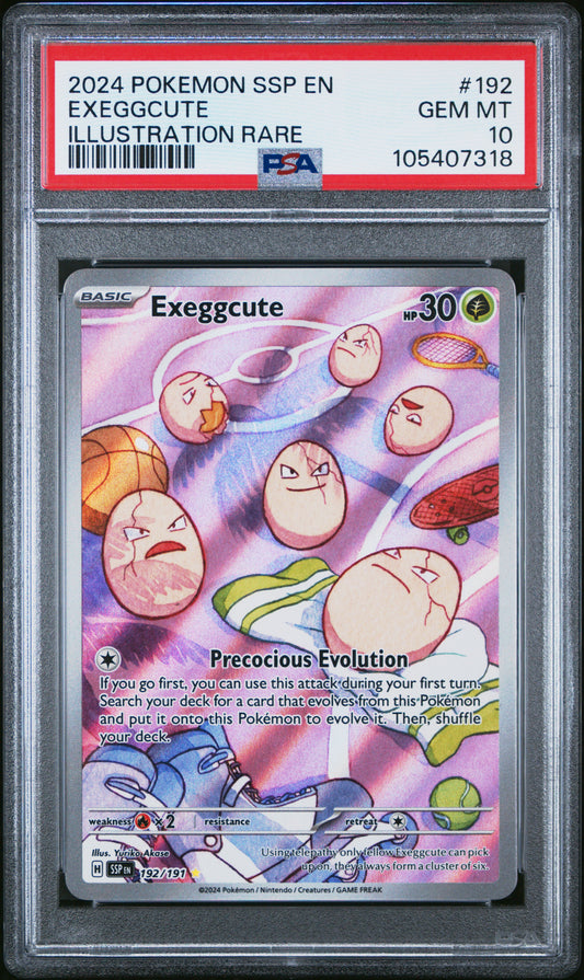 EXEGGCUTE 192/191 Common POKEMON SSP EN-SURGING SPARKS ILLUSTRATION RARE PSA10 GEM MT 10 PSA population 1236 <a href=https://www.psacard.com/cert/105407318/psa>https://www.psacard.com/cert/105407318/psa</a>