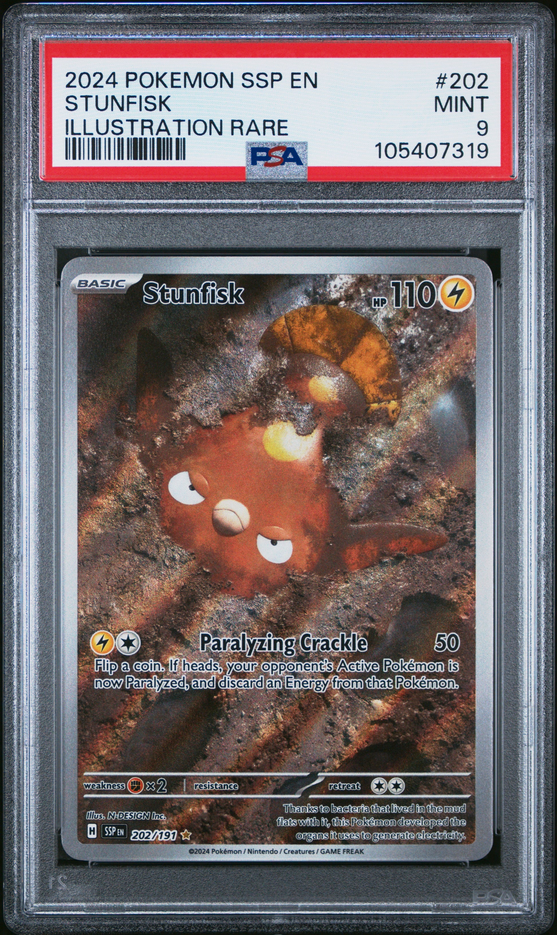 STUNFISK 202/191 Common POKEMON SSP EN-SURGING SPARKS ILLUSTRATION RARE PSA9 MINT 9 PSA population 387 <a href=https://www.psacard.com/cert/105407319/psa>https://www.psacard.com/cert/105407319/psa</a>