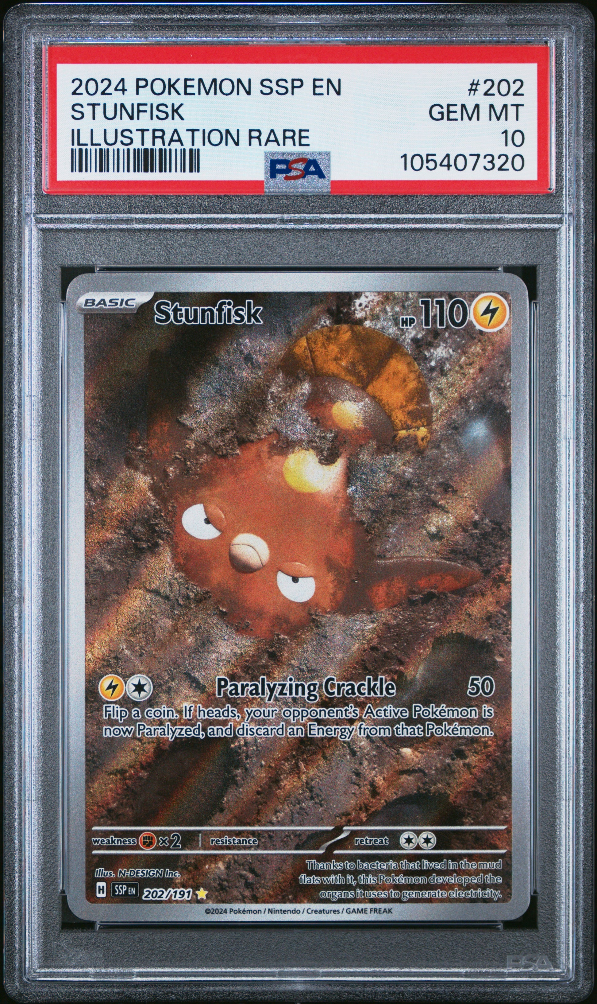 STUNFISK 202/191 Common POKEMON SSP EN-SURGING SPARKS ILLUSTRATION RARE PSA10 GEM MT 10 PSA population 256 <a href=https://www.psacard.com/cert/105407320/psa>https://www.psacard.com/cert/105407320/psa</a>