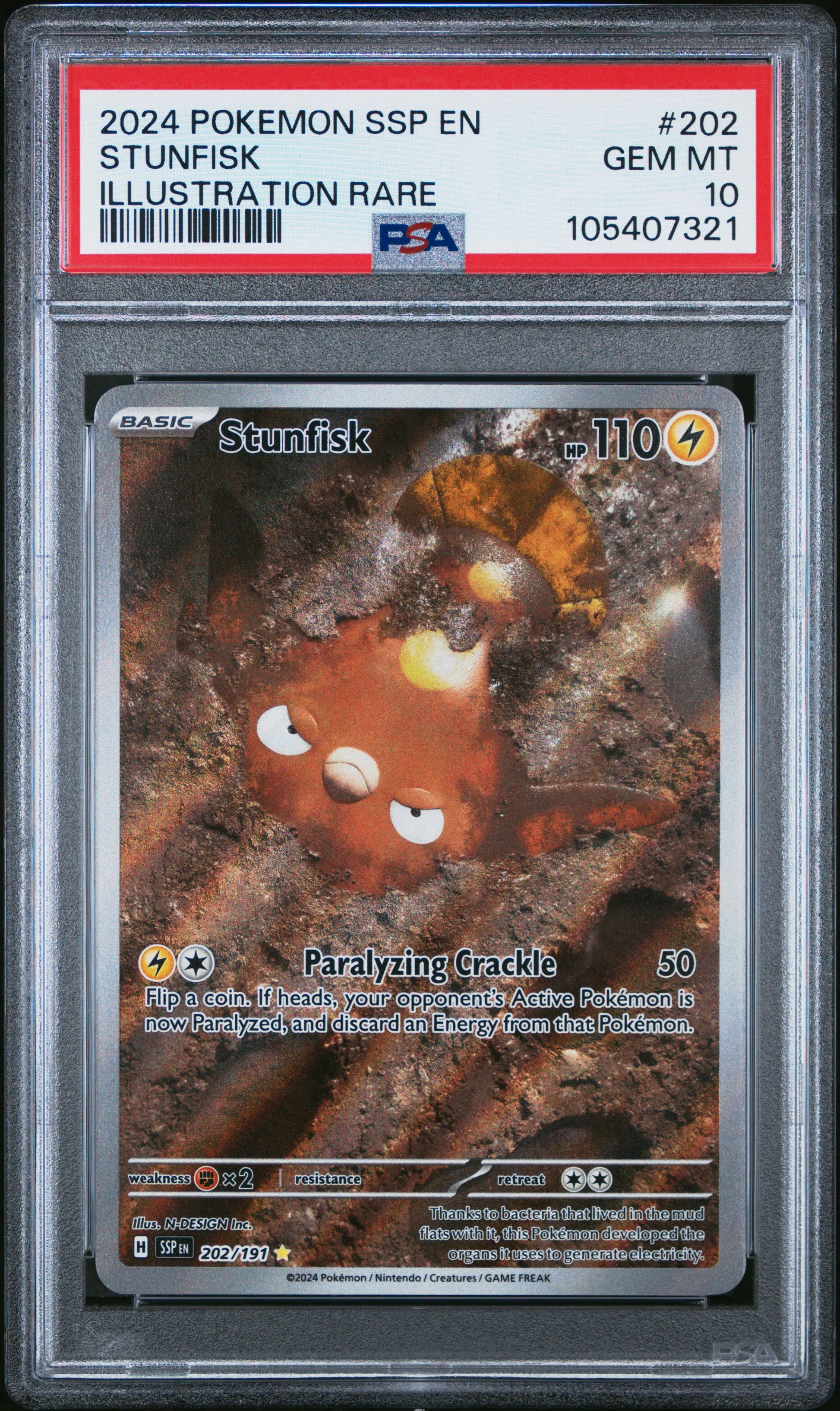 STUNFISK 202/191 Common POKEMON SSP EN-SURGING SPARKS ILLUSTRATION RARE PSA10 GEM MT 10 PSA population 256 <a href=https://www.psacard.com/cert/105407321/psa>https://www.psacard.com/cert/105407321/psa</a>