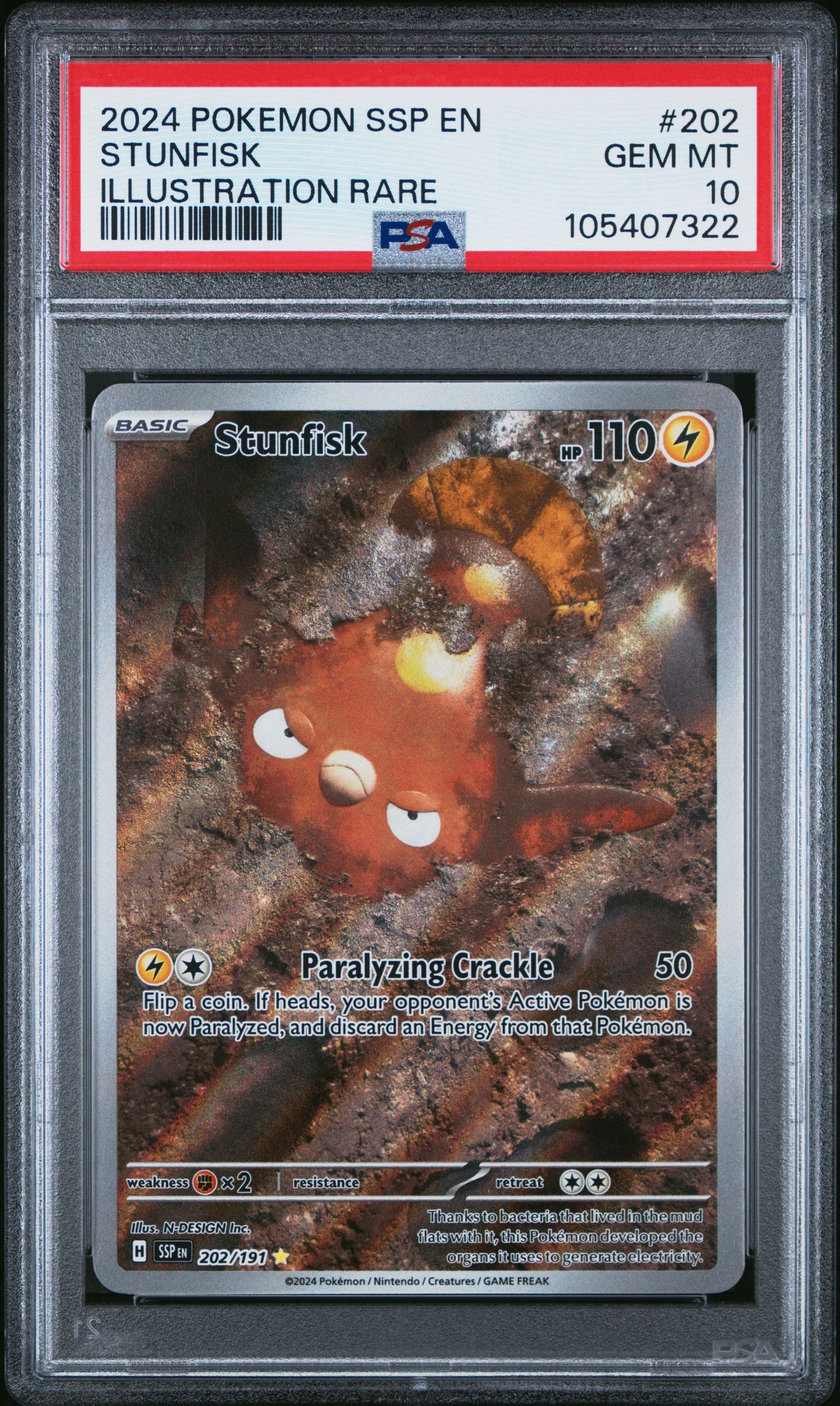 STUNFISK 202/191 Common POKEMON SSP EN-SURGING SPARKS ILLUSTRATION RARE PSA10 GEM MT 10 PSA population 256 <a href=https://www.psacard.com/cert/105407322/psa>https://www.psacard.com/cert/105407322/psa</a>