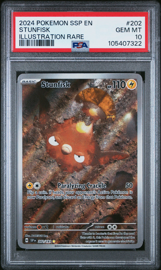 STUNFISK 202/191 Common POKEMON SSP EN-SURGING SPARKS ILLUSTRATION RARE PSA10 GEM MT 10 PSA population 256 <a href=https://www.psacard.com/cert/105407322/psa>https://www.psacard.com/cert/105407322/psa</a>