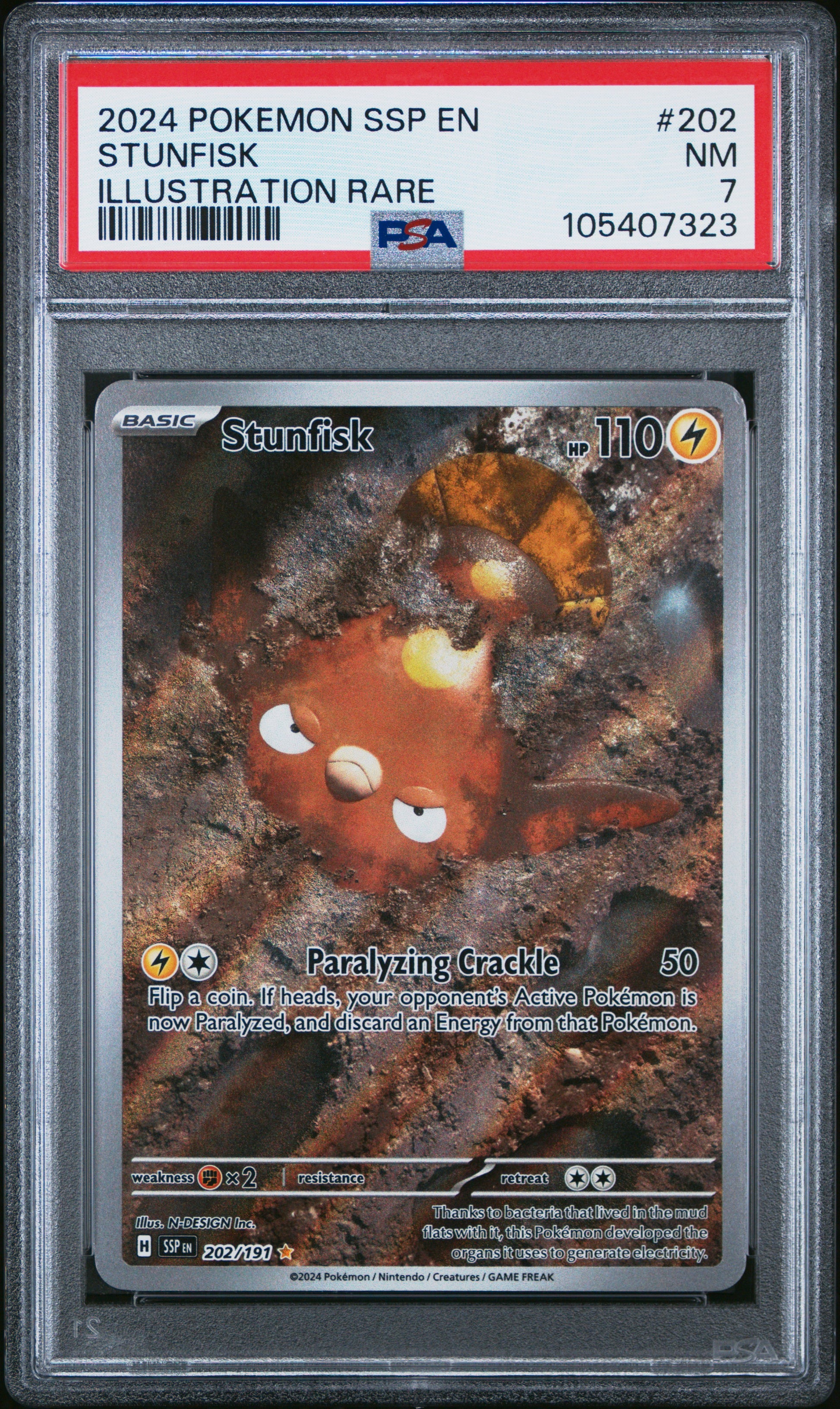 STUNFISK 202/191 Common POKEMON SSP EN-SURGING SPARKS ILLUSTRATION RARE PSA7 NM 7 PSA population 3 <a href=https://www.psacard.com/cert/105407323/psa>https://www.psacard.com/cert/105407323/psa</a>
