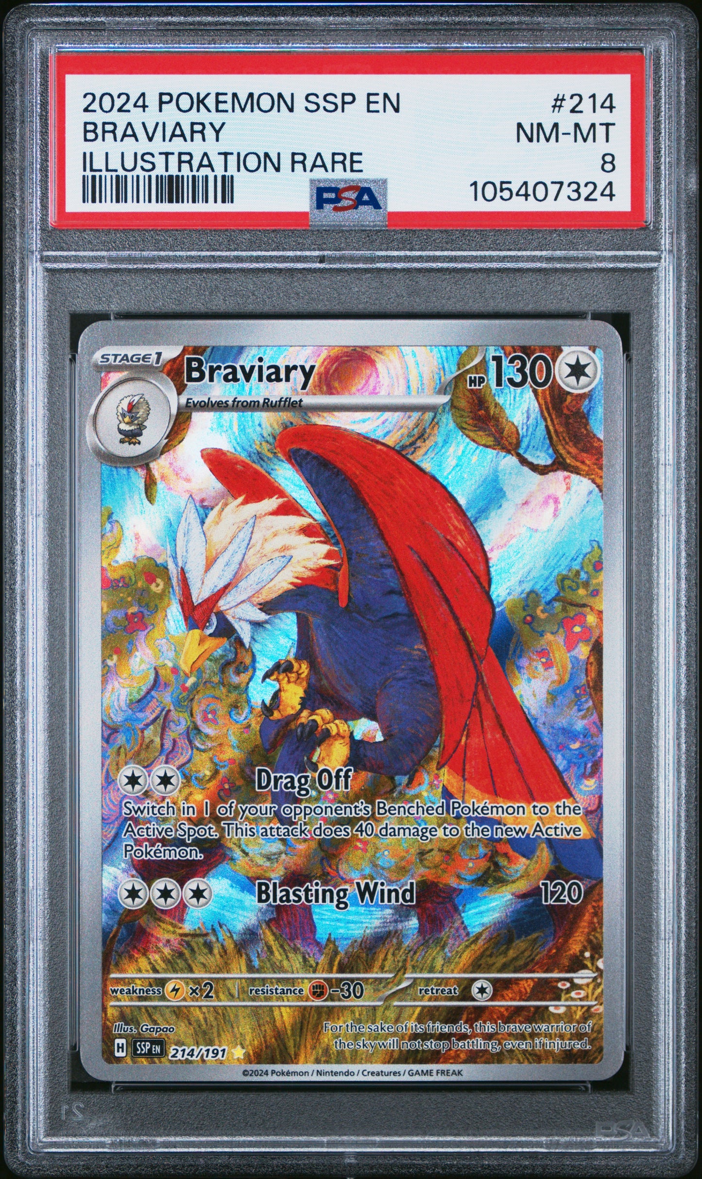BRAVIARY 214/191 Common POKEMON SSP EN-SURGING SPARKS ILLUSTRATION RARE PSA8 NM-MT 8 PSA population 237 <a href=https://www.psacard.com/cert/105407324/psa>https://www.psacard.com/cert/105407324/psa</a>