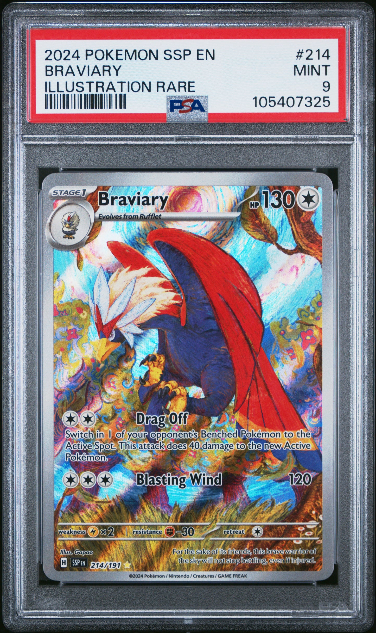 BRAVIARY 214/191 Common POKEMON SSP EN-SURGING SPARKS ILLUSTRATION RARE PSA9 MINT 9 PSA population 1639 <a href=https://www.psacard.com/cert/105407325/psa>https://www.psacard.com/cert/105407325/psa</a>