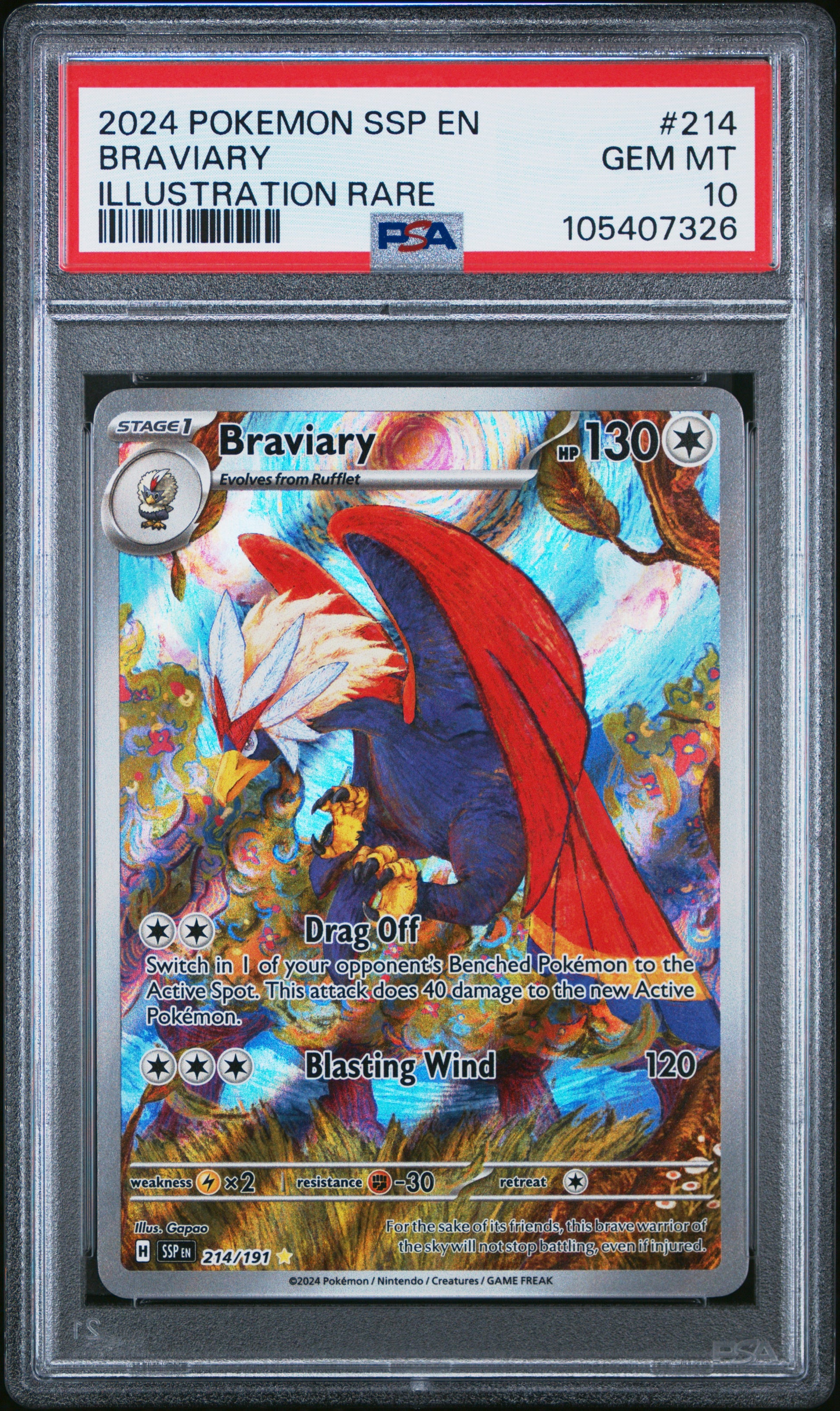 BRAVIARY 214/191 Common POKEMON SSP EN-SURGING SPARKS ILLUSTRATION RARE PSA10 GEM MT 10 PSA population 933 <a href=https://www.psacard.com/cert/105407326/psa>https://www.psacard.com/cert/105407326/psa</a>